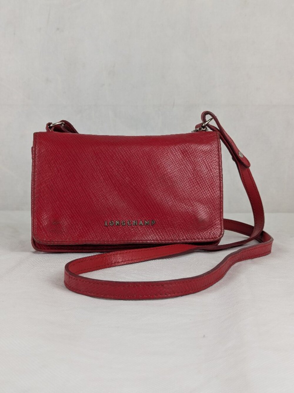 Longchamp Le Pliage Red Leather Shoulder Bag Designer Pre-Owned Used Buy it Now